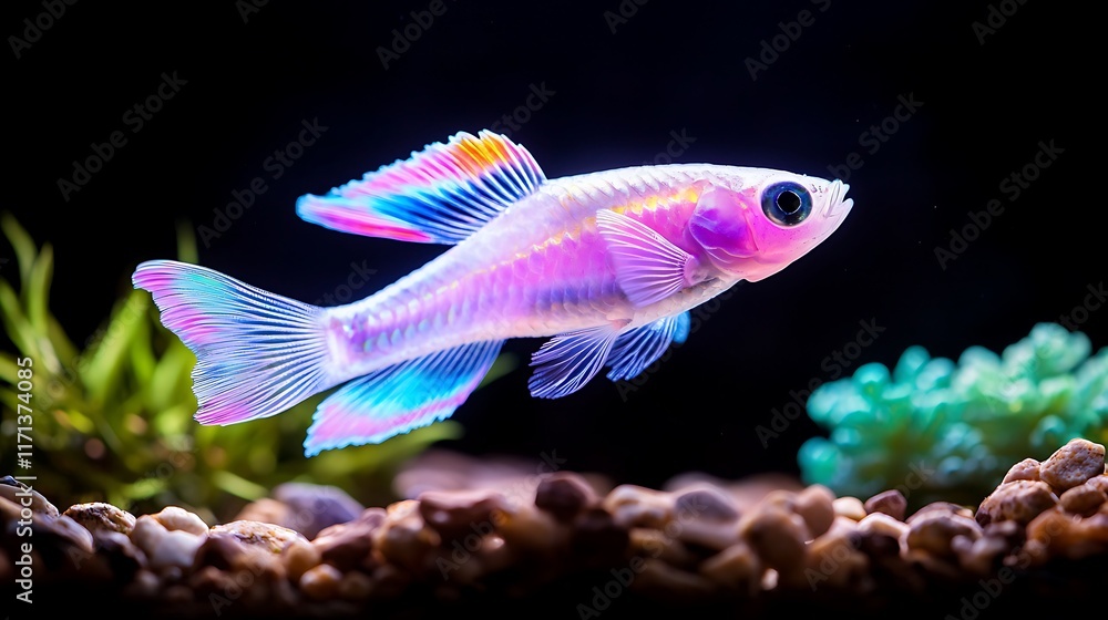 Fototapeta premium Vibrant iridescent fish swimming in aquarium with pebbles and plants.