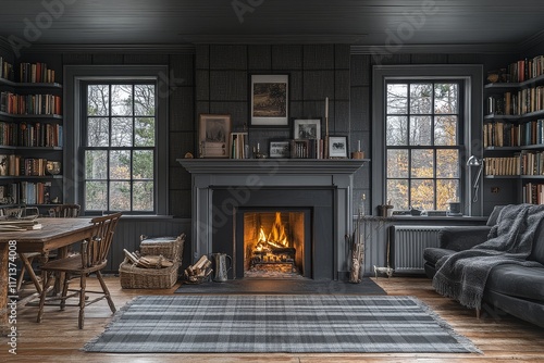 Wallpaper Mural Mid-century modern living room with fireplace, dining table, bookshelves, gray wallpapered walls, gray plaid rug, and white wainscoting around windows. Torontodigital.ca