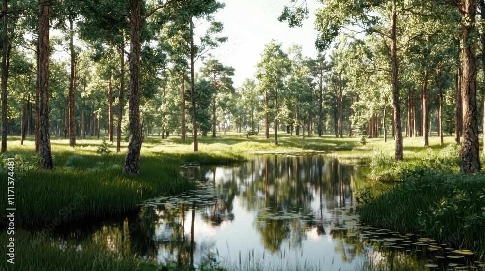 Serene Forest Landscape with Calm Water Reflection Surrounded by Lush Greenery and Trees Serene Forest Landscape with Calm Water Reflection Surrounded by Lush Greenery and Trees