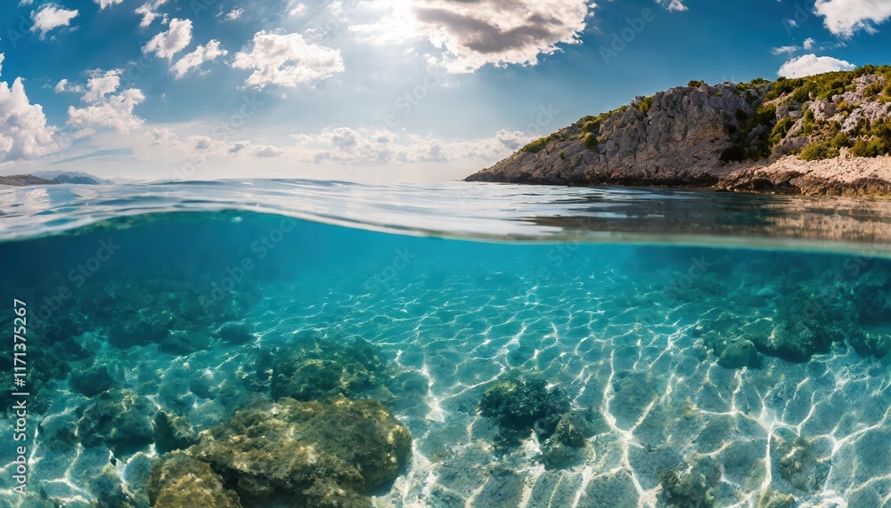 Breathtaking Split Underwater View Showcasing a Sunny Sky and Serene Sea A Captivating Scene of Natures Beauty and Tranquility Beneath the Surface of the Water Breathtaking Split Underwater View Showcasing a Sunny Sky and Serene Sea A Captivating Scene of Natures Beauty and Tranquility Beneath the Surface of the Water