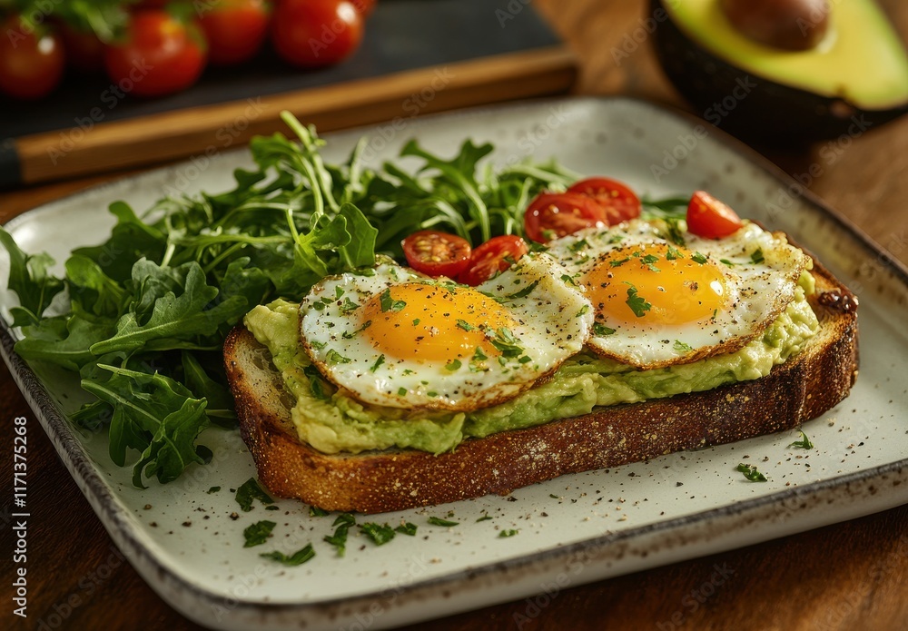 Delicious Avocado Toast with Fried Eggs and Cherry Tomatoes on a Rustic Plate Surrounded by Fresh Greens in a Cozy Cafe Setting Delicious Avocado Toast with Fried Eggs and Cherry Tomatoes on a Rustic Plate Surrounded by Fresh Greens in a Cozy Cafe Setting