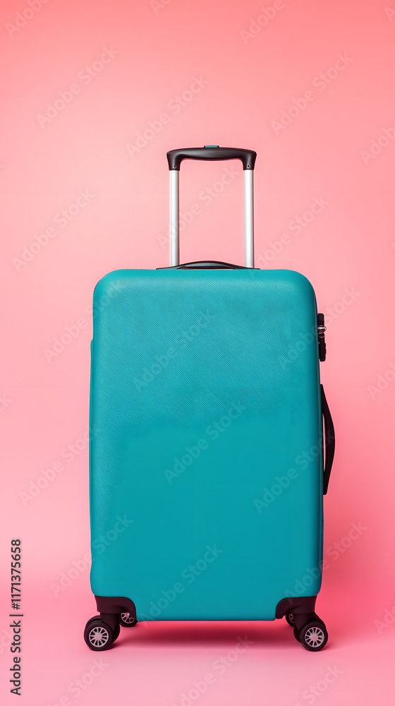 A vibrant teal suitcase stands upright against a soft pink background, showcasing its sleek design and modern features for travel enthusiasts A vibrant teal suitcase stands upright against a soft pink background, showcasing its sleek design and modern features for travel enthusiasts