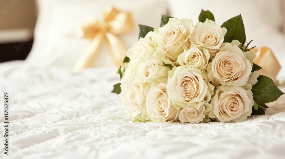 Elegant White Rose Bouquet on Soft Textured Bedding with Decorative Bow in Background Elegant White Rose Bouquet on Soft Textured Bedding with Decorative Bow in Background