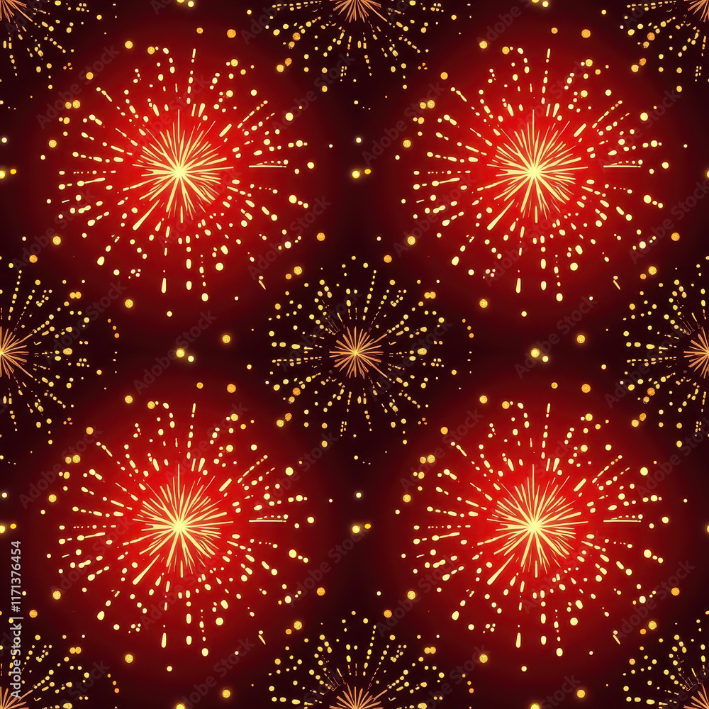 Naklejka premium Red & Gold Fireworks Seamless Pattern - Luxury/Glamour: The gold an.