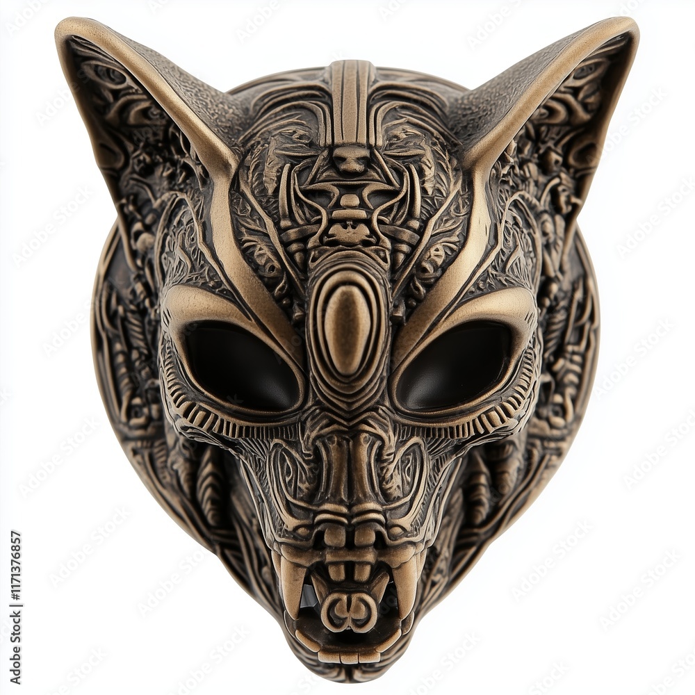 Naklejka premium Decorative bronze sculpture of an intricately designed cat face, isolated on white. Detailed sculpture of a cat face with striking features and ornaments.