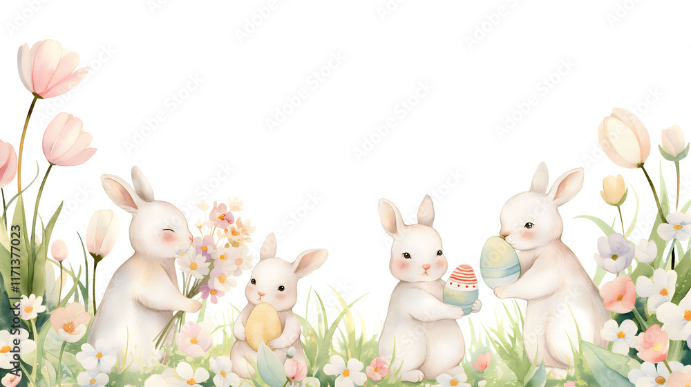 Obraz premium Watercolor Easter Family of bunnies in a joyful spring scene with flowers, grass on white background, creating a cute and festive holiday illustration, Watercolor Easter background with copy space.