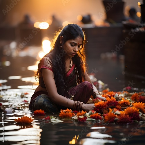 Hindu Woman Offering Prayers to Sun God During Chhath Puja Festival photo