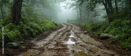 Muddy forest road in misty weather. photo