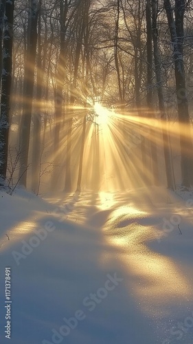 Breathtaking Winter Woodland: Sunlight Rays Piercing Through Snowy Forest, Glowing Pathway & Tranquil Atmosphere Perfect for Nature Lovers and Photography Enthusiasts photo