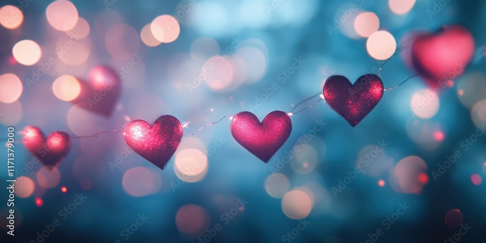 Strings of radiant hearts dangle gracefully, illuminated by soft lights, creating a romantic atmosphere perfect for celebrating love on Valentine's Day. Strings of radiant hearts dangle gracefully, illuminated by soft lights, creating a romantic atmosphere perfect for celebrating love on Valentine's Day.