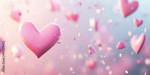 Colorful hearts soar through the sky, accompanied by a shower of vibrant confetti, creating a whimsical celebration of love and joy.