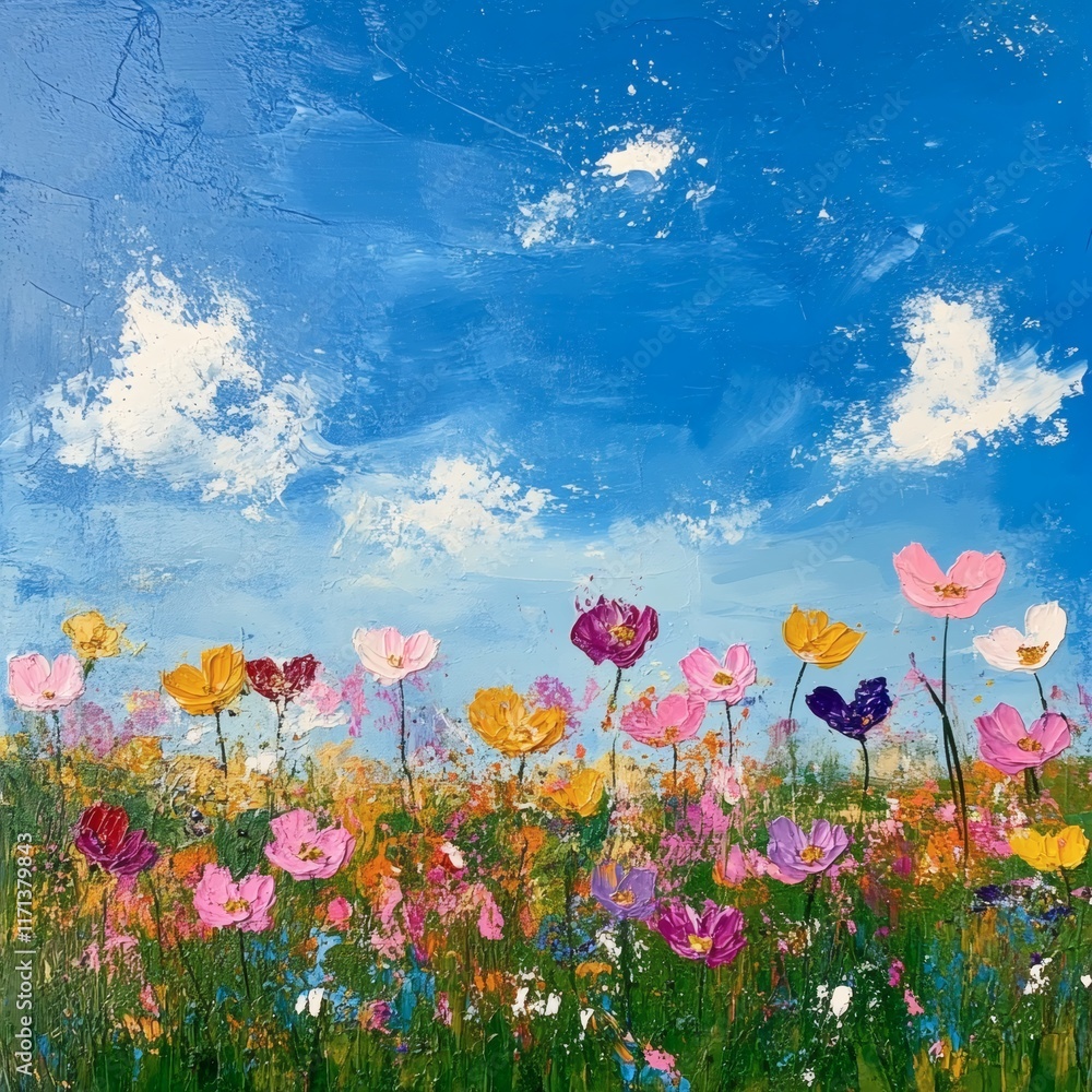 Obraz premium cosmos flower field with blue sky background