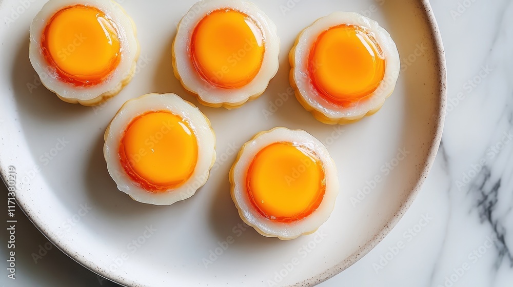 Vibrant Mooncake Halves with Bold Yolks on Plate Vibrant Mooncake Halves with Bold Yolks on Plate