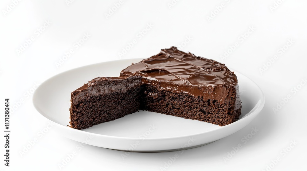 Chocolate Fudge Sliced Cake Isolated Background White Round Plate