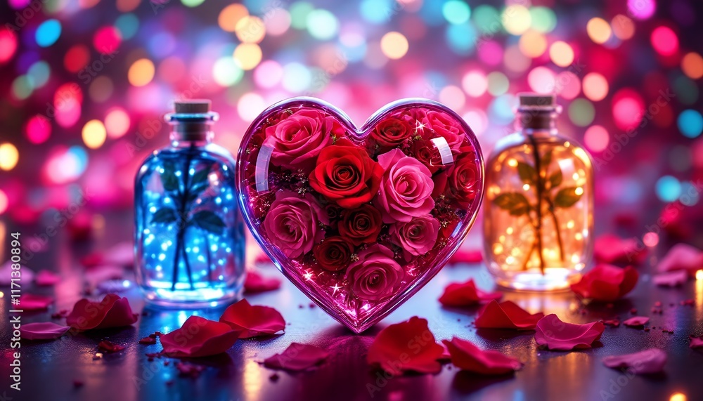 Romantic Heart-Shaped Arrangement with Roses and Luminous Bottles Romantic Heart-Shaped Arrangement with Roses and Luminous Bottles