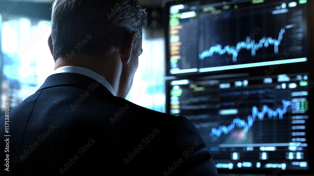 Businessman Analyzing Financial Data on Multiple Screens Businessman Analyzing Financial Data on Multiple Screens