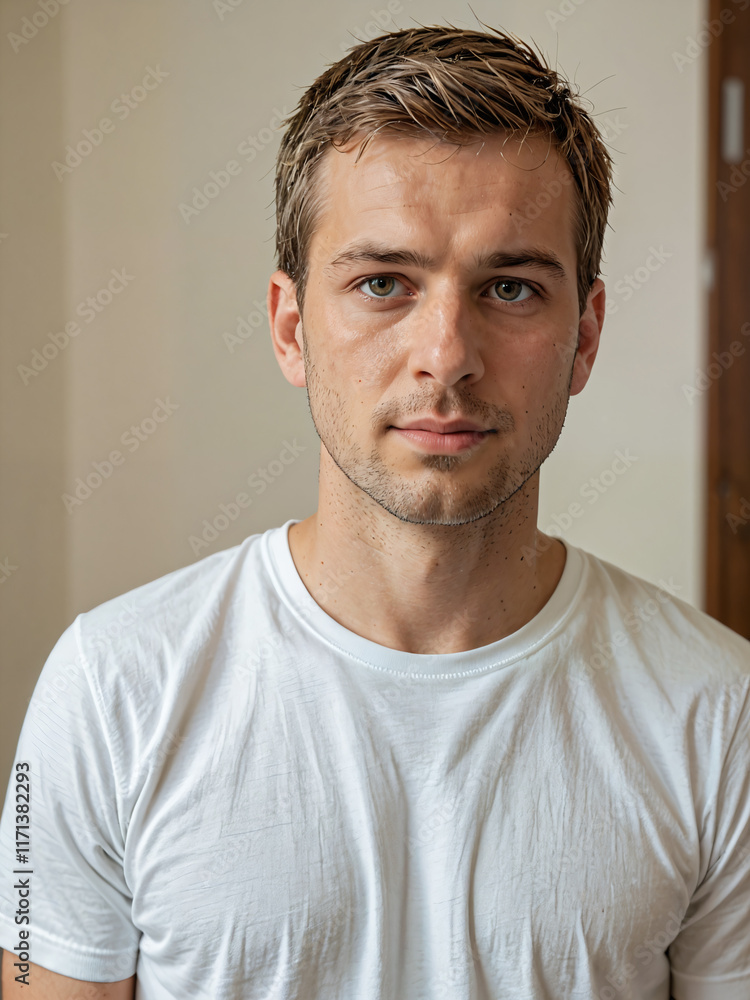 Fototapeta premium Retrato de un hombre joven blanco vistiendo una camiseta blanca de algodón