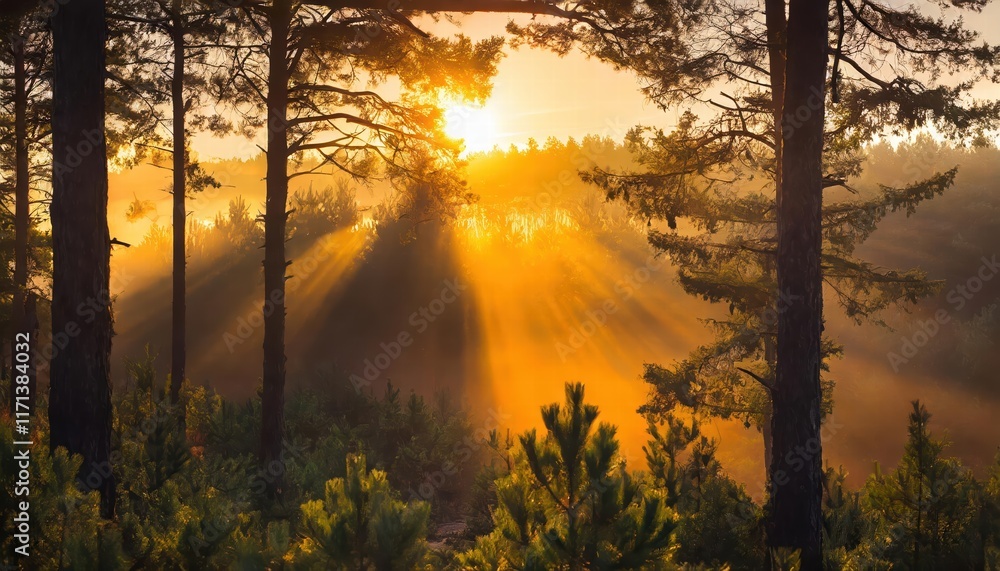 Fototapeta premium Breathtaking Sunrise in the Forest A Serene Moment of Natures Beauty, Illuminating the Trees and Underbrush with Warm Hues, Creating a Peaceful Atmosphere for Reflection and Inspiration