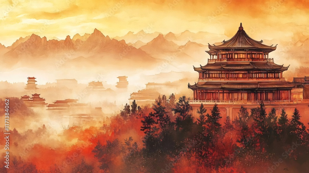Misty mountain landscape with ancient Asian architecture at sunset. Misty mountain landscape with ancient Asian architecture at sunset.