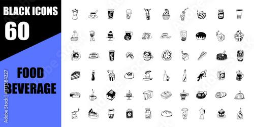 Hand drawn food beverage illustration. Sketch style breakfast, lunch black icons. doodle line art.