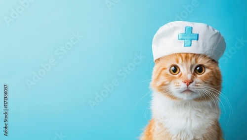 Cute orange cat wearing nurse hat poses against light blue background in playful setting