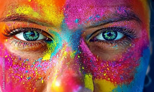 Closeup of face covered colorful powder, Holi concept
