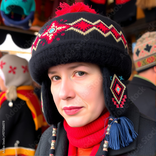 Kalpak, traditional Kyrgyz felt hat at the bazaar photo