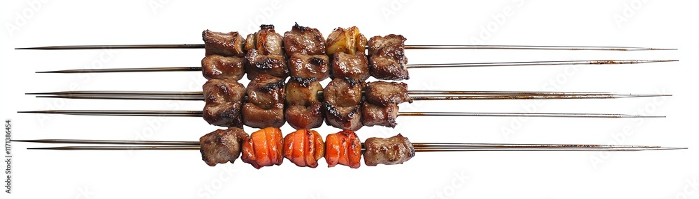 Assorted kebabs on skewers, white isolate background. Assorted kebabs on skewers, white isolate background.