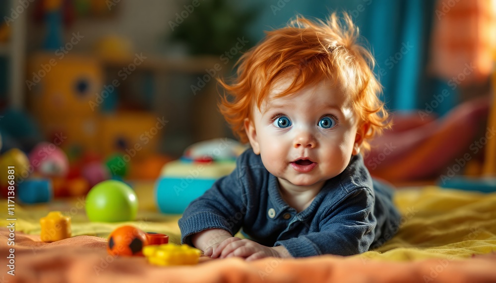 Obraz premium Adorable Redhead Baby Boy with Striking Blue Eyes Playing