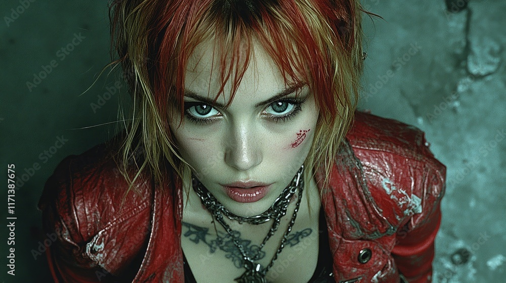 Naklejka premium Close-up portrait of a young woman with red hair, intense gaze, and leather jacket.