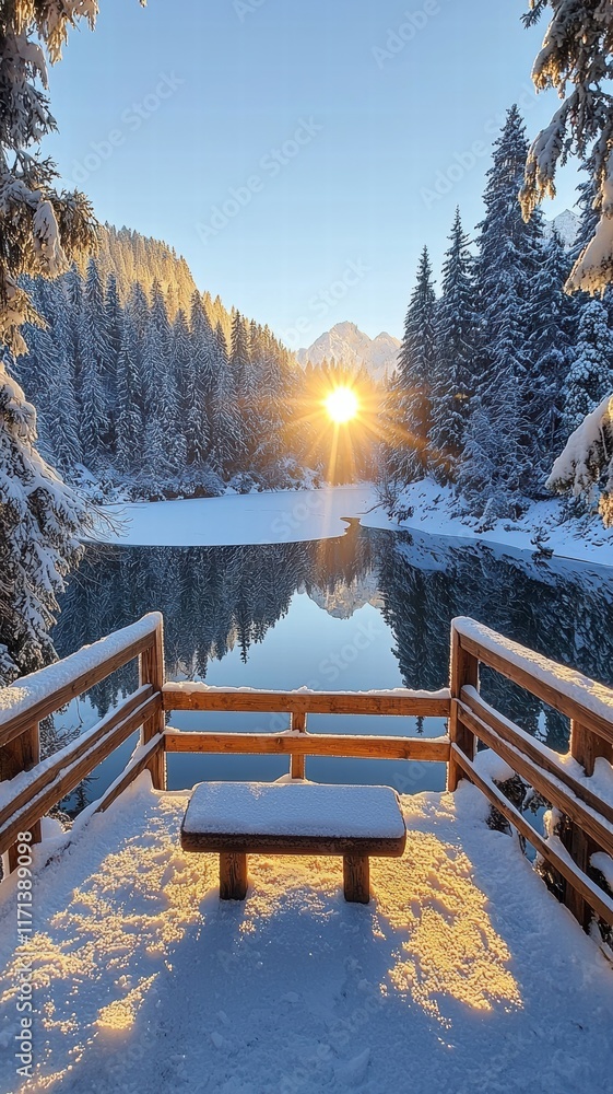 Captivating winter sunrise over a snowy lake, framed by evergreen trees and a rustic wooden bench for a perfect tranquil outdoor escape. Captivating winter sunrise over a snowy lake, framed by evergreen trees and a rustic wooden bench for a perfect tranquil outdoor escape.
