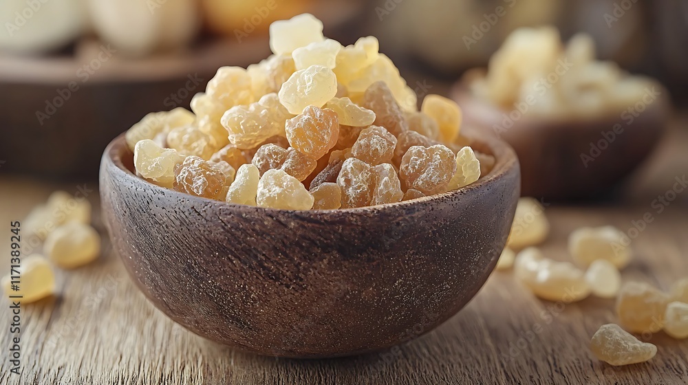 Aromatic Frankincense Resin Pieces in Wooden Bowl Close Up View Aromatic Frankincense Resin Pieces in Wooden Bowl Close Up View
