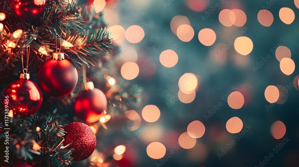 Red Ornaments Adorn Christmas Tree Lights Sparkle Brightly Red Ornaments Adorn Christmas Tree Lights Sparkle Brightly