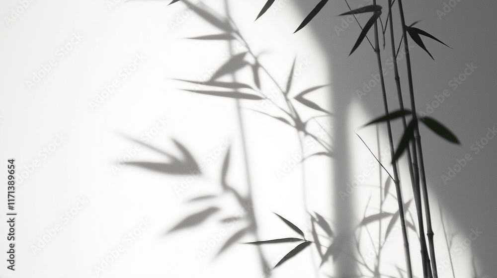 Obraz premium Bamboo plant casting shadow on white wall creates tranquil atmosphere
