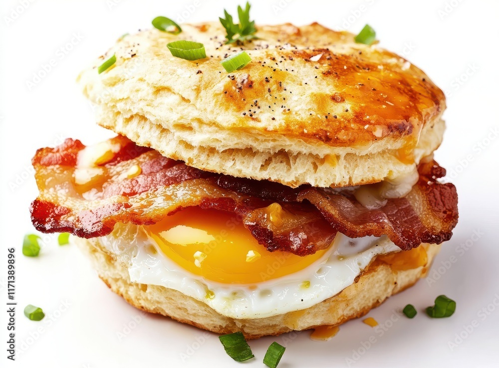 Delicious Breakfast Sandwich with Crispy Bacon, Fried Egg, Fluffy Biscuit, and Fresh Green Onions on White Background Delicious Breakfast Sandwich with Crispy Bacon, Fried Egg, Fluffy Biscuit, and Fresh Green Onions on White Background