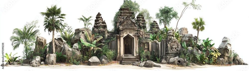 Ancient ruins surrounded by lush tropical vegetation, white isolate background. Ancient ruins surrounded by lush tropical vegetation, white isolate background.