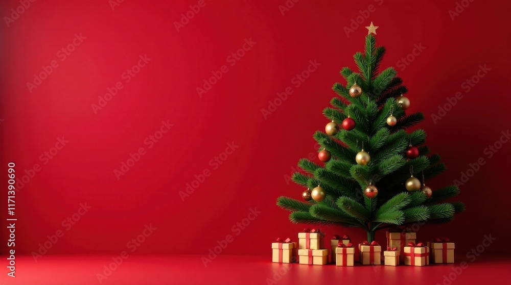 A Festive Christmas Tree with Gold and Red Ornaments and Presents on a Red Background A Festive Christmas Tree with Gold and Red Ornaments and Presents on a Red Background