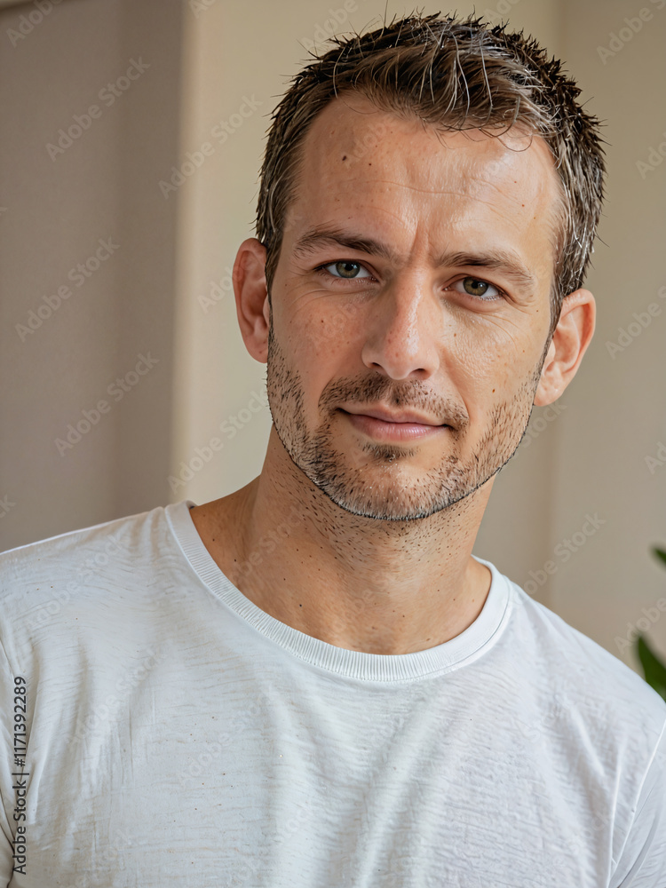 Obraz premium Retrato de un hombre joven blanco y apuesto vistiendo una camiseta blanca de algodón