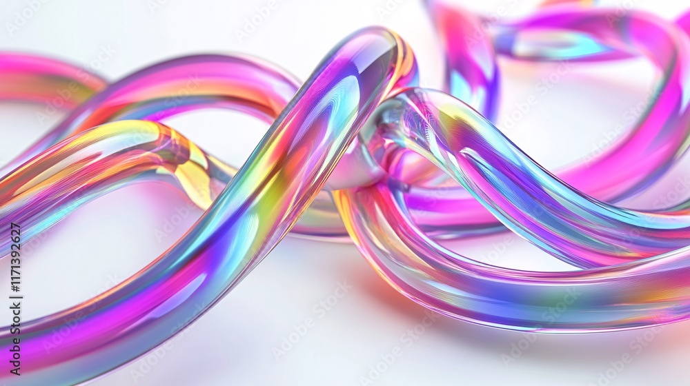 3D Render of Colorful Glass Curves with Iridescent Glow on White Background 3D Render of Colorful Glass Curves with Iridescent Glow on White Background