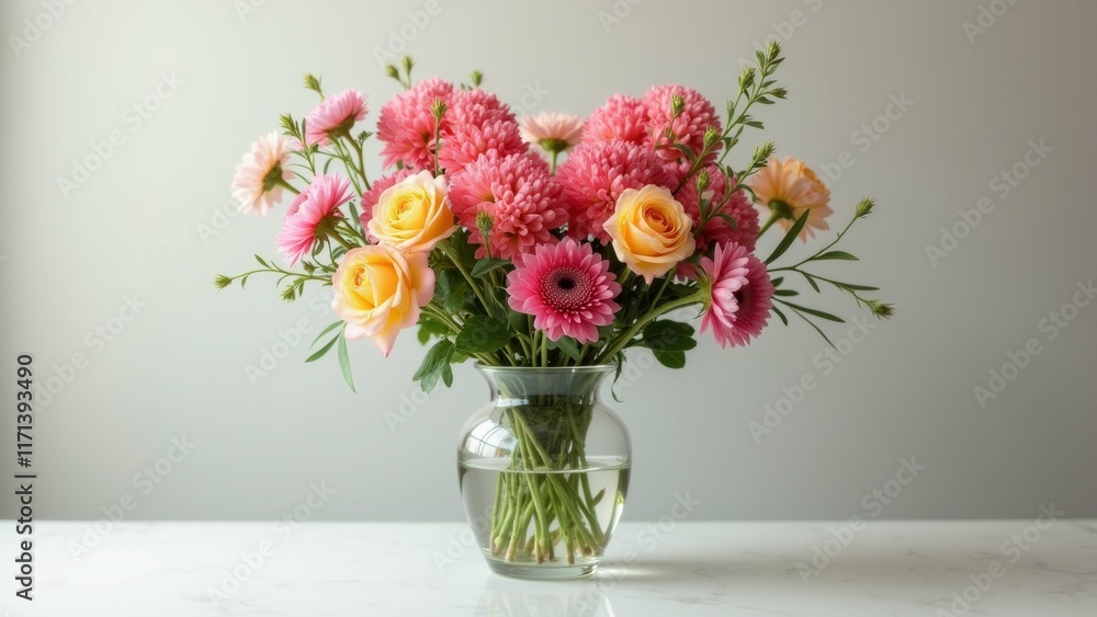 Fototapeta premium The image is of a beautiful flower arrangement in a glass vase. The vase is placed on a white marble countertop against a plain white wall.