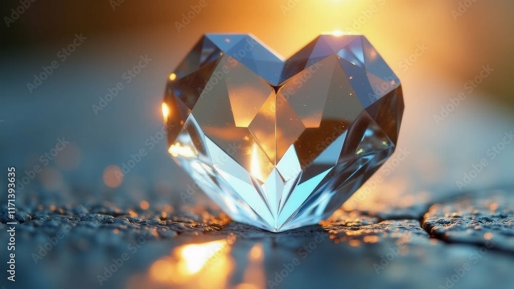 Fototapeta premium The image is a close-up of a heart-shaped diamond on a textured surface. The diamond is made up of multiple facets, creating a diamond-like shape.