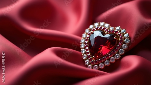 The image is a close-up of a heart-shaped ring on a red satin fabric. The ring is made of gold and has a large, oval-shaped red gemstone in the center. photo