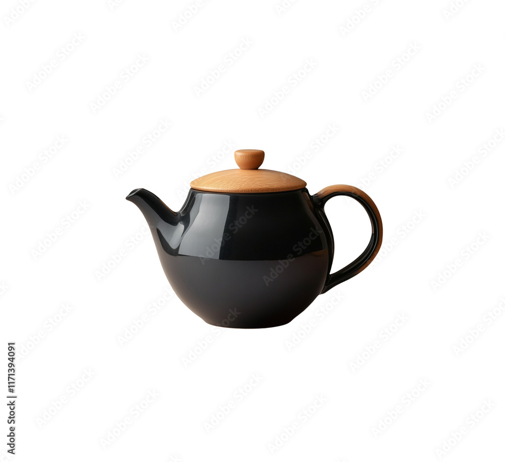 Black ceramic teapot with a smooth, glossy surface and a round body, featuring a wooden lid and handle for an elegant and stylish look. Isolated on transparent background, png Black ceramic teapot with a smooth, glossy surface and a round body, featuring a wooden lid and handle for an elegant and stylish look. Isolated on transparent background, png