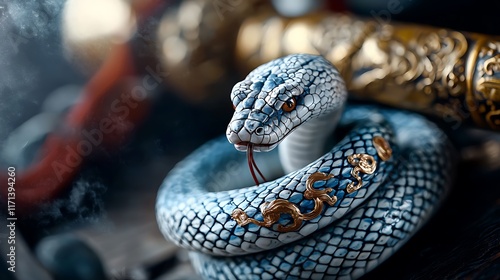 Close up shot of an intertwined snake coiled around a Chinese flute a traditional musical instrument made of bamboo  The reptile s blue and orange scales create an intricate photo