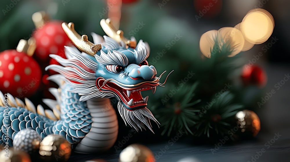 Naklejka premium Captivating Ceramic Dragon Sculpture Amid Festive Holiday and Bokeh Lighting A Mythological Creature Surrounded by Vibrant and Colorful Seasonal Accents