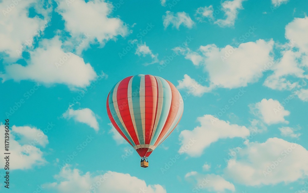 Naklejka premium Colorful hot air balloon soaring in a vibrant blue sky filled with fluffy white clouds.