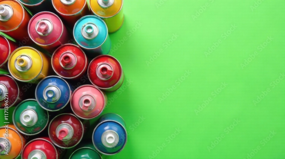 A vibrant collection of colorful spray paint cans against a bright green background A vibrant collection of colorful spray paint cans against a bright green background