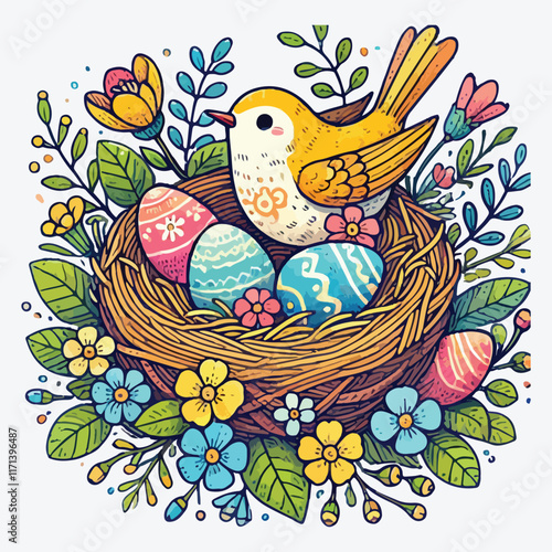 Berd nest with eggs, flowers and greenery stock illustration