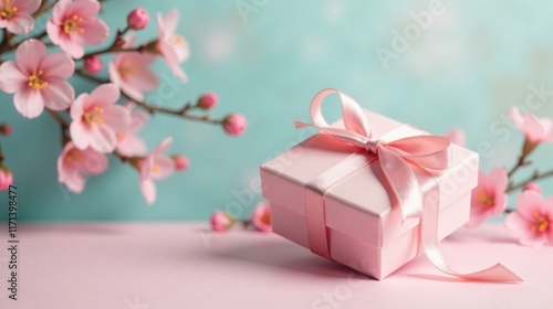 Delicate Pink Gift Box Adorned with a Ribbon, Nestled Among Blooming Branches