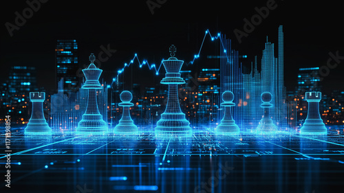 Wallpaper Mural Strategic Vision: Chess pieces illuminate a futuristic cityscape, symbolizing strategic planning, market trends, and the competitive business landscape. Torontodigital.ca
